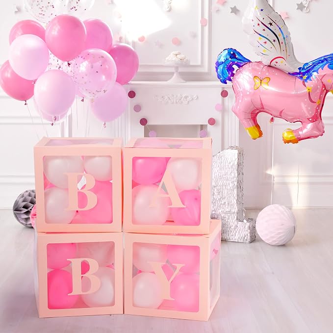 Baby Boxes with Letters for Baby Shower, Baby Shower Decorations with 4 Transparent Balloon Boxes for Girl Baby Shower Gender Reveal Decorations(Pink)