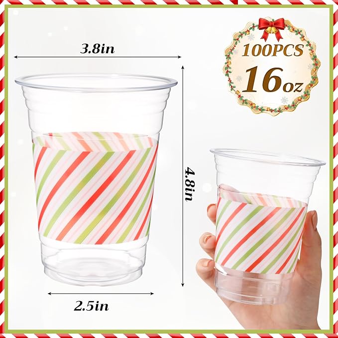 100 Pack Red and Green Striped Plastic Cups 16 oz Disposable Pastel Striped Carnival Party Cups Bulk for Circus Theme Birthday, Spring, Fiesta Party Supplies