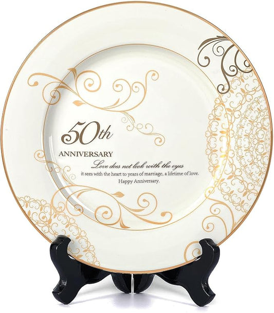 Urllinz 50th Anniversary Wedding Gifts for Couples Parents Grandparents- Golden Wedding Anniversary Keepsake Gift, 50 Year Marriage Plate with Stand, Ceramic with 24k Gold Foil, 9 inch