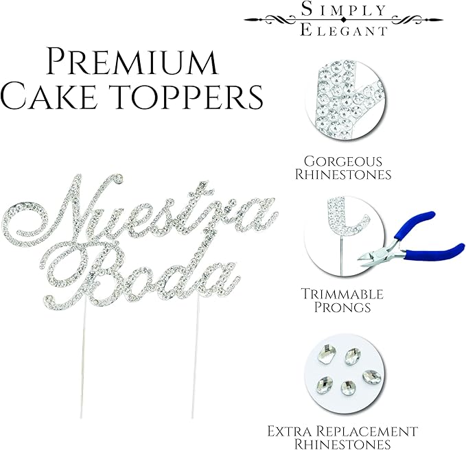 Sparkly Rhinestones Silver Cake Topper - Special Words Decoration for Wedding, Birthday, Gender Reveal & Anniversary Cakes – 6 ½"W x 3 ¼"H (Nuestra Boda)