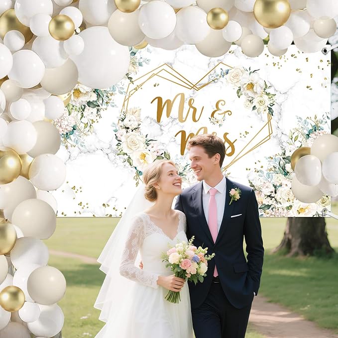 MEHOFOND White Floral Wedding Balloons Arch Kit with White Wedding Party Decorations, Mr and Mrs Paper Plates Cup and Nakpins Set, Floral Wedding Disposable Dinnerware with Tablec
