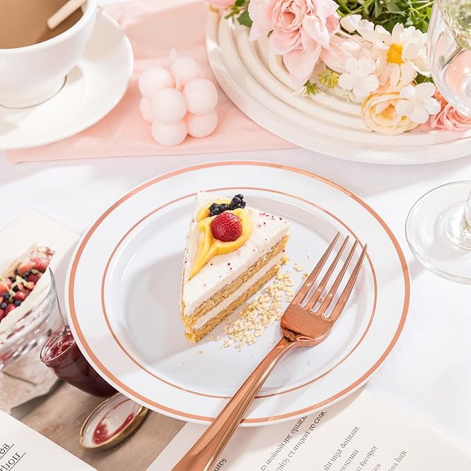 I00000 200 Pcs Rose Gold Plastic Plates, Disposable Party Plates Include 100 Gold Dinner Plate 10’’ and 100 Disposable Dessert Plate 7’’ Perfect for Party, Wedding & Birthday