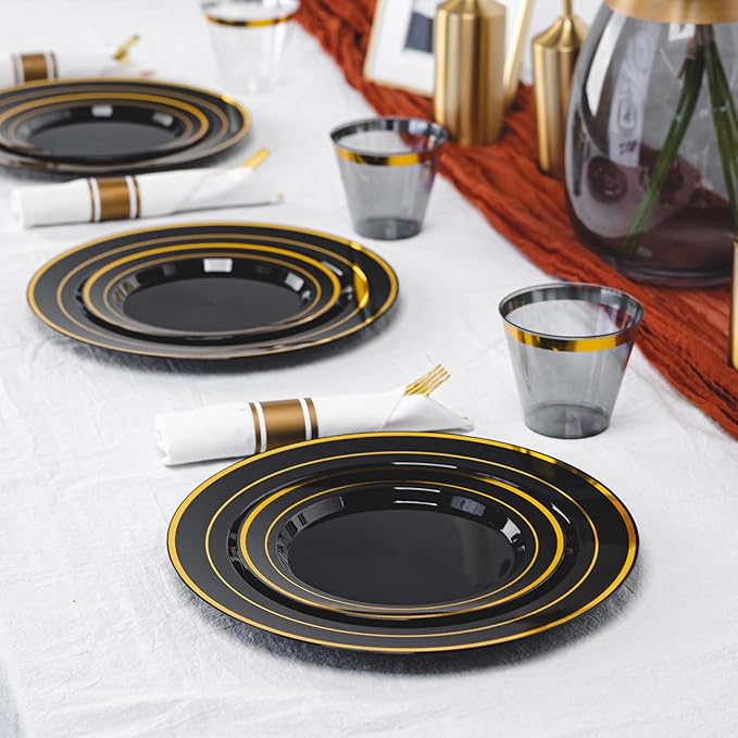 N9R 350 PCS Black Plastic Dinnerware Set for 50 Guests, Gold Plastic Plates, Disposable Plate for Party, Include: 50 Dinner & Dessert Plates, 50 Pre Rolled Napkins with Silverware and 50 Cups