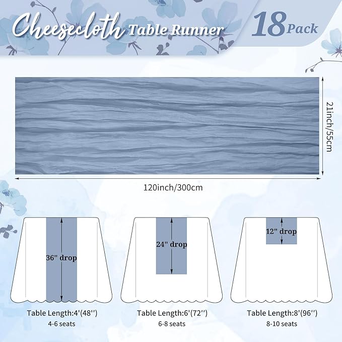18 Pack Cheesecloth Table Runner Dusty Blue 10Ft Rustic Boho Gauze Table Runner Romantic Long Sheer Fabric Cheesecloth Table Runner for Wedding Festival Birthday Anniversary Dinner Outdoor Events