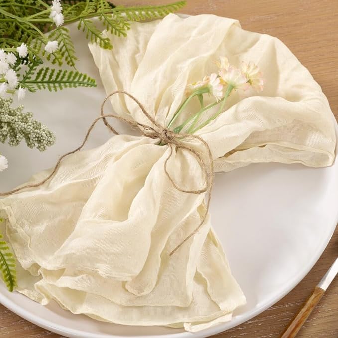 10pcs Beige Cheesecloth Napkins Mother‘s Day Spring Washable Boho Rustic Gauze Table Cloth Napkins Bulk 21x21 Inches for Wedding Party Bridal Baby Shower Birthday Table Decor