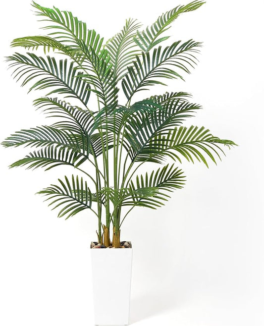 Artificial Palm Trees with Lifelike Natural Trunk, Leaves and Pebbles, 6FT Tall Fake Palm Tree with White Tall Planter, Faux Tropical Areca Floor Plant for Indoor Home Decor, Office Decor, Room Decor