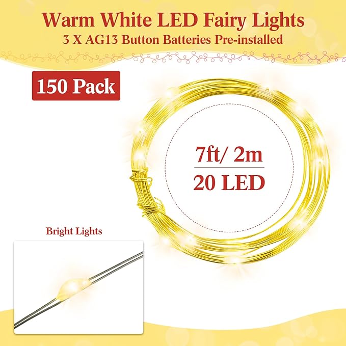 Tuanse 150 Pack LED Fairy Lights Colored Battery Operated String 3 Speed Modes 7 ft 20 LED Starry Wedding Decoration Waterproof Wire Twinkle Light for DIY Jar Bedroom Party Supplies (Warm White)