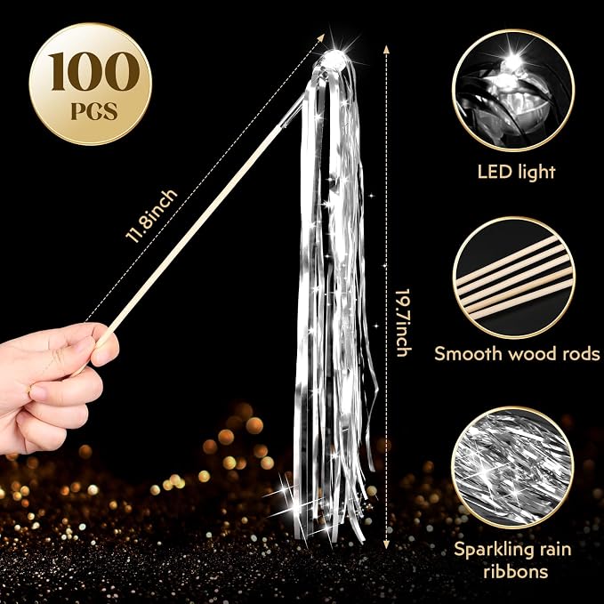 100 pcs Wedding Wands Light up with LED Tinsel Wedding Streamers for Wedding Send off and Greeting Ideal Props for Weddings, Birthday Parties, Christmas Cheerleading Games (Silver)