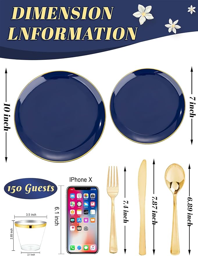 WDF 150pcs Blue plastic Plates - Navy Blue Plates Disposable - 25guest Disposable Dinnerware Sets for Party/Wedding/Birthday/Graduation
