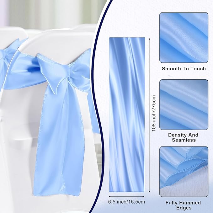 Lounsweer 50 Pcs Folding Chair Cover Set with 25 Stretch Spandex Slipcovers 25 Satin Chair Sashes Bows Ribbon Washable Banquet Protector for Wedding Event Party(White, Sky Blue)