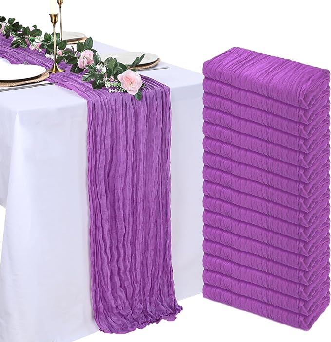 16 Pack Purple Cheesecloth Table Runner 10ft Boho Gauze Fabric 120 Inch Cheese Cloth Table Runner Rustic Sheer for Holiday Baby Shower Party Décor Home Wedding Decoration