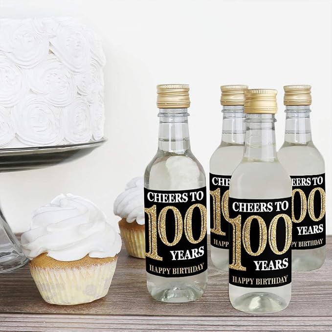 Big Dot of Happiness Adult 100th Birthday - Gold - Mini Wine and Champagne Bottle Label Stickers - Birthday Party Favor Gift for Women and Men - Set of 16