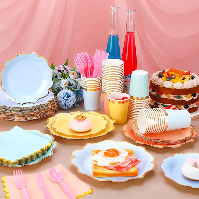 Yaomiao 168 Pcs Pastel Scalloped Paper Plates Cups Napkin with Gold Foil Pastel Party Disposable Dinnerware Set Easter Party Supplies Serve 24 Guests Macaron Princess Birthday Baby Shower Decorations