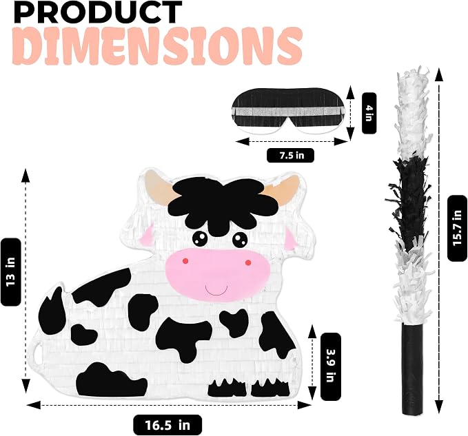 Milk Cow Pinatas Bundle with a Blindfold and a Bat (16 x 13 x 4 Inches), Perfect for kid's Birthday Parties, Mexican Theme Parties, Decorations