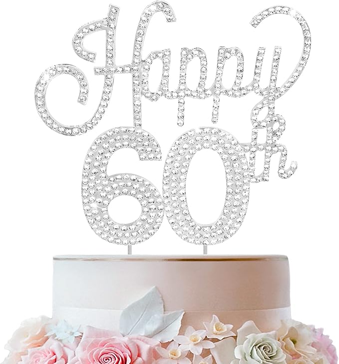 LINGTEER Happy 60th Birthday Silver Rhinestone Cake Topper - Cheers to 60th Birthday Sixty Years Old Anniversary Party Cake Centerpieces Topper Decorations Gift Sign.