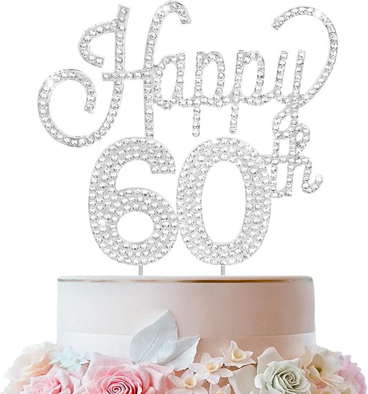 LINGTEER Happy 60th Birthday Silver Rhinestone Cake Topper - Cheers to 60th Birthday Sixty Years Old Anniversary Party Cake Centerpieces Topper Decorations Gift Sign.
