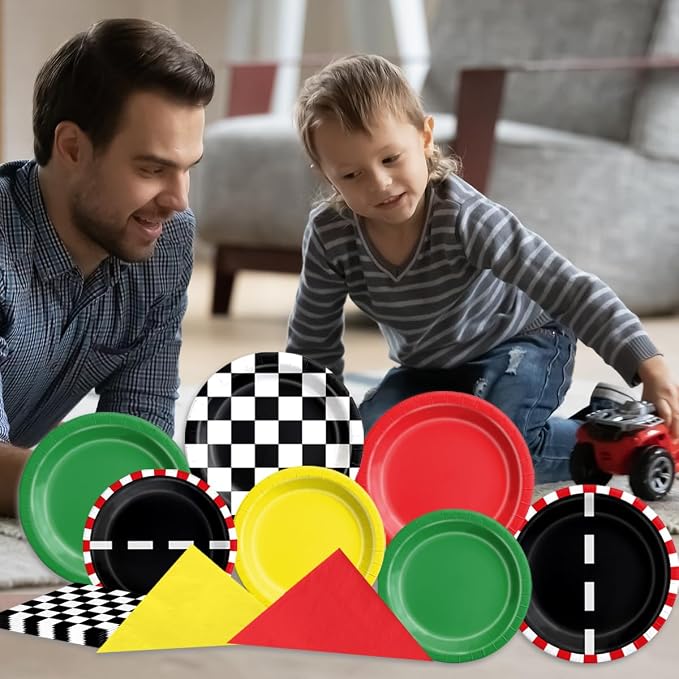 CMUSKO Race Car Birthday Party Decorations - 60Pcs Traffic Light Plates & Napkins Kit Road Checkered Flag Tableware for Boy Party Supplies