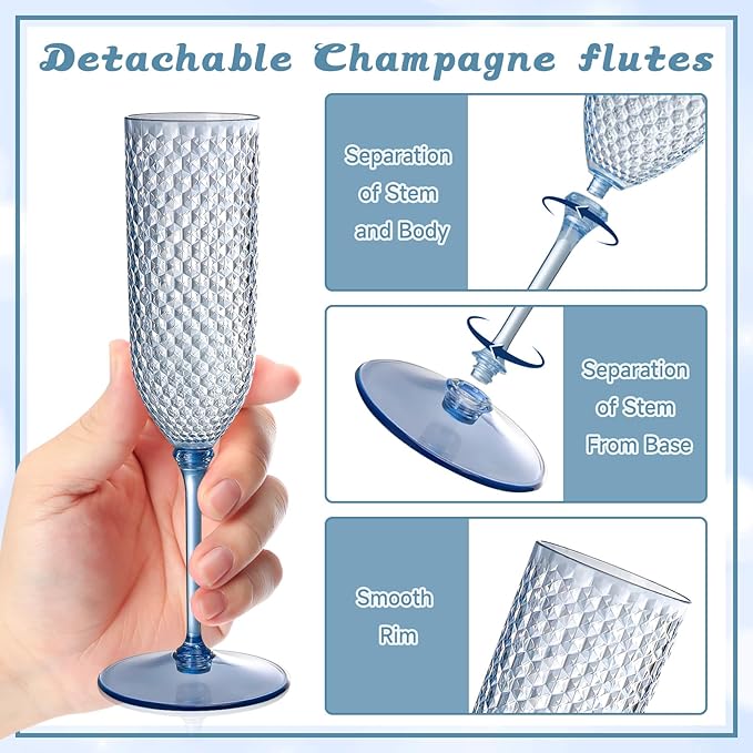 XUWAIDSGN 24 Pack Blue Detachable 2 piece Champagne Flutes 5.5 Oz Unbreakable Plastic Mimosa Disposable Champagne Glasses Drinking Cups Stemmed Reusable Wine Toasting Glasses for Wedding