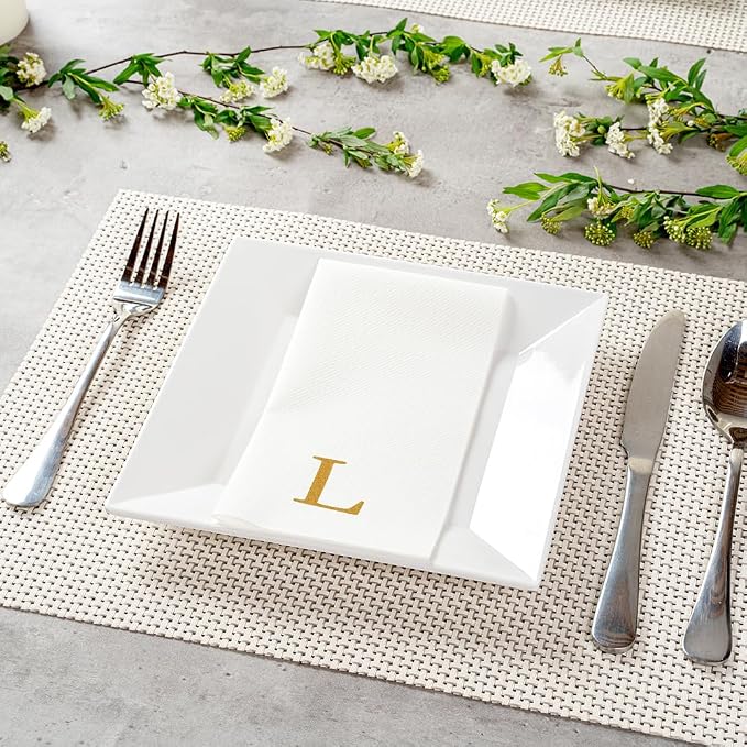 Luxenap 15.8 X 7.9 Inch Linen-Feel Guest Towels, 50 Lettered Hand Towels - Gold Letter 'L', Sans Serif Font, White Paper Dinner Napkins, airlaid, For Restrooms And Tables