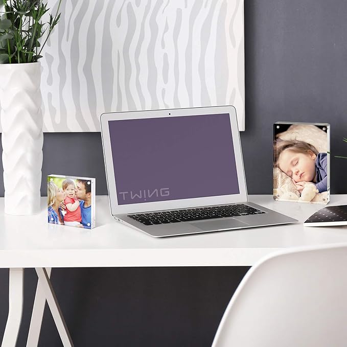 TWING 4x4 Acrylic Picture Frames 2 Pack, 20MM Thick Double Sided Magnetic Clear Photo Frame, HD Frameless Magnetic Photo Frame Display for Desktop Gift Ideal, Cleaning Cloth Included