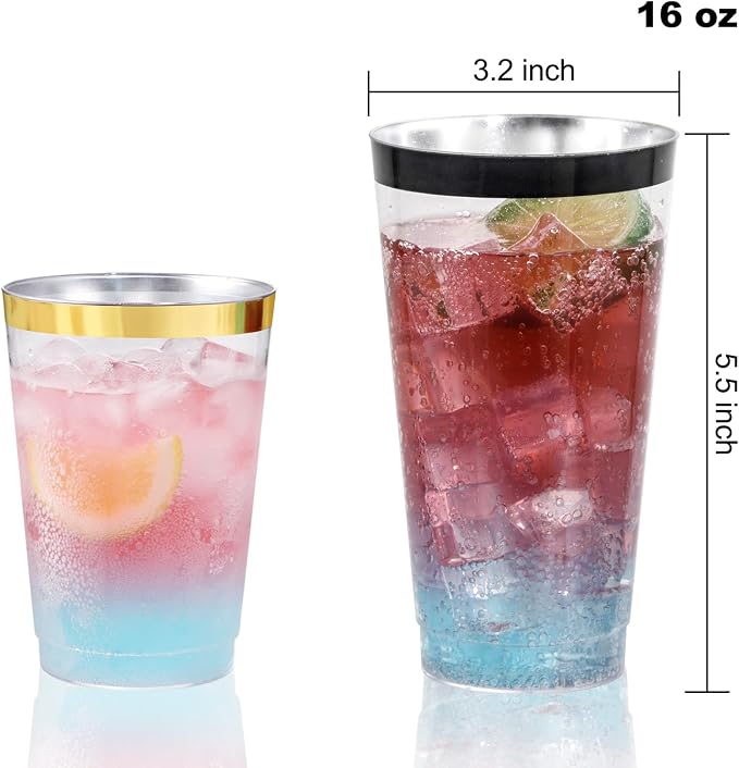 LIYH 100 Pcs 16 oz Black Rim Disposable Plastic Cups – Clear Fancy Party Cups for Weddings Cocktails Party 480ml