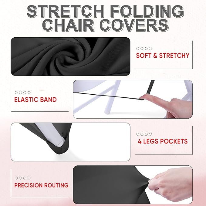 Lounsweer 50 Pcs Folding Chair Cover Set with 25 Stretch Spandex Slipcovers 25 Satin Chair Sashes Bows Ribbon Washable Banquet Protector for Wedding Event Party(Black, Red)