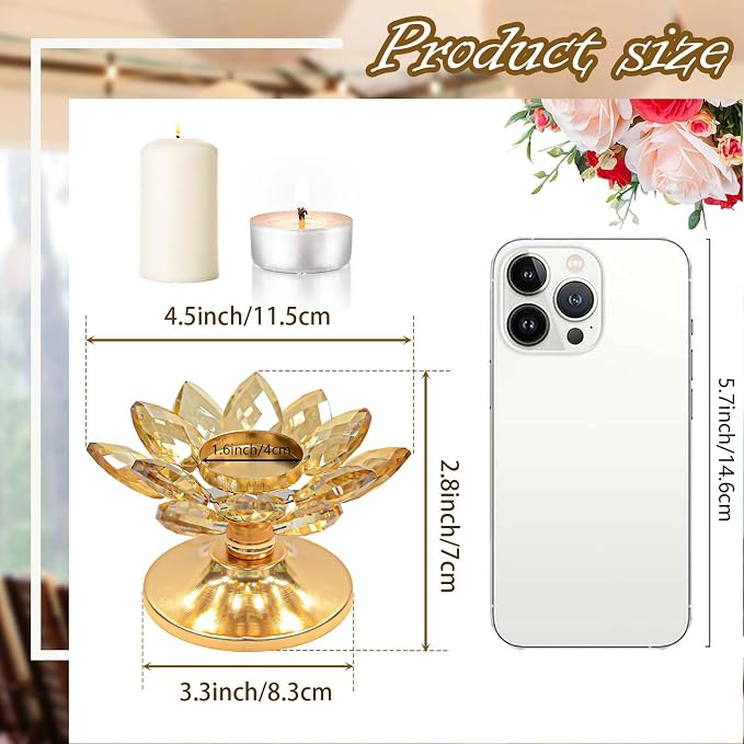 1 PC Gold Crystal Flower Tea Light Holder, Glass Tealight Candlestick with Metal Base, Votive Candle for Table Centerpiece, Wedding/Parties Decor, Nice Gift