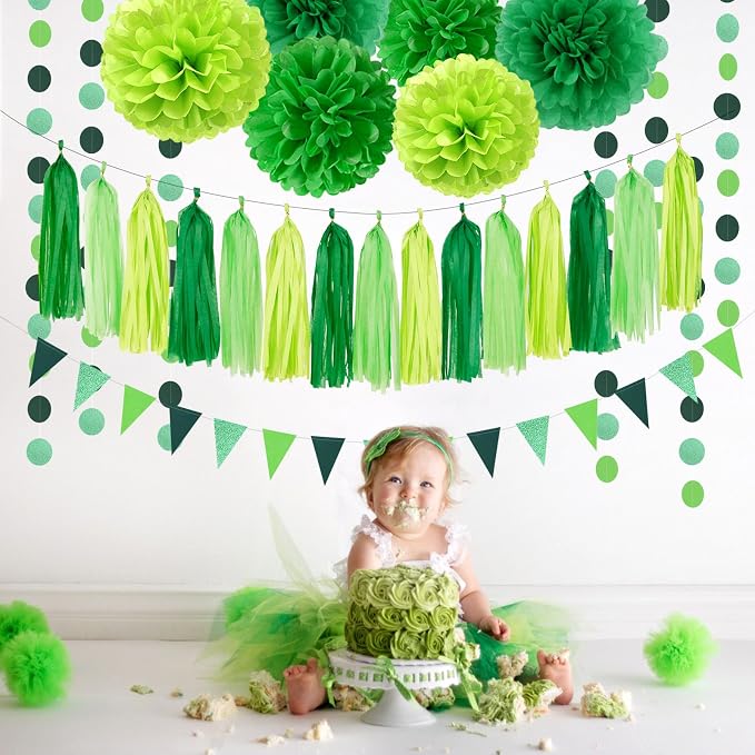 Green Party Decorations Tissue Pom-Poms - 23pcs St Patricks Day Paper Flowers Streamers,Spring Summer Wedding Engagement Tassel Garland Banner,Birthday Baby Bridal Shower Decor Ouruola