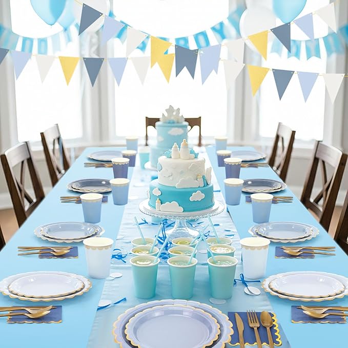 Mimorou 342 Pcs Dusty Blue Party Supplies Blue Tableware for 48 Guests Paper Disposable Plates Napkins Cups Plastic Tablecloth Navy Triangle Banner for Wedding Graduation Birthday