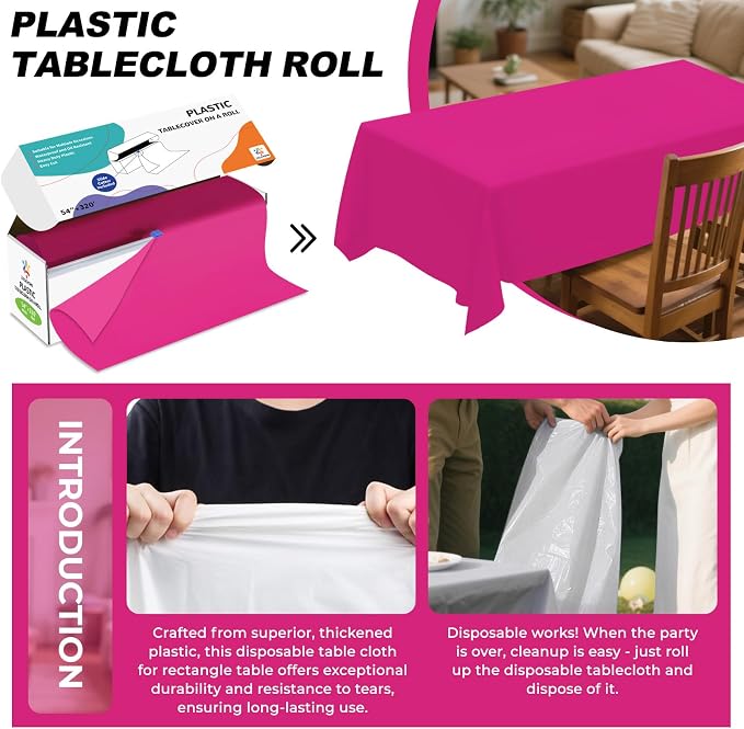 54IN X 320FT Plastic Table Cover Roll with Cutter Box, Cut to Size Plastic Table Cloths for Parties, Birthday, Disposable Tablecloth Roll for All Shape Tables (Fuchsia, 54 Inch X 320 Feet)
