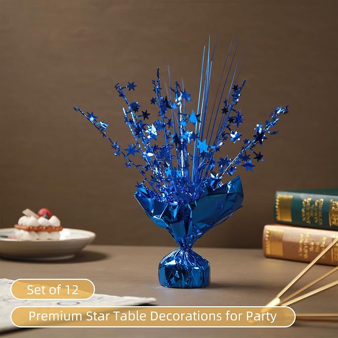 12 Pack Blue Metallic Foil Spray Centerpiece Star Table Decoration Burst Table Centerpieces for Birthday New Year Wedding Anniversary Graduation Party Supply (Blue)