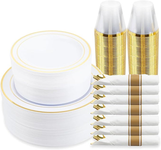 M MCIRCO 350 Piece Gold Dinnerware Set,100 Plastic Plates, 50 Cups,50 Pre Rolled Napkins with Plastic Silverware, Disposable Gold Dinnerware Set for 50 Guest