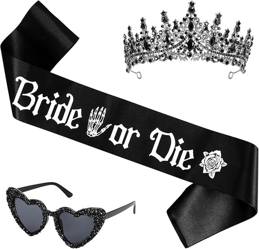 JarThenaAMCS 3 Pcs Bride or Die Bachelorette Party Decoration Set Black Tiara Crown Sash Glasses for Women Halloween Bridal Shower Accessories