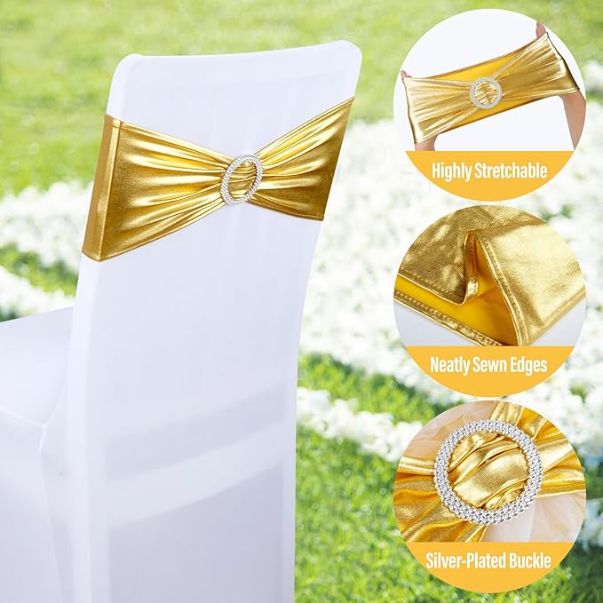 Spandex Chair Sashes Bows - Babenest 30PCS Premium Stretch Chair Cover Band with Buckle Slider Universal Elastic Chair Ties for Wedding Party Ceremony Reception Banquet Decoration (Metallic Gold)