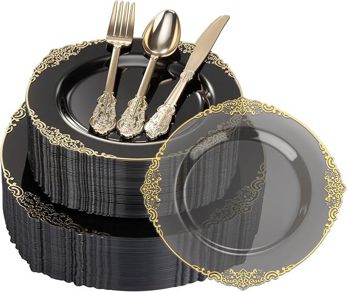 Goodluck 250 PCS Vintage Translucent Black & Gold Rim Plastic Plates with Cutlery Set - Serves 50 - Heavy Duty Elegant Disposable Dinnerware for New Years Eve, Halloween, Gatsby Party