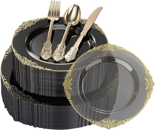 Goodluck 250 PCS Vintage Translucent Black & Gold Rim Plastic Plates with Cutlery Set - Serves 50 - Heavy Duty Elegant Disposable Dinnerware for New Years Eve, Halloween, Gatsby Party