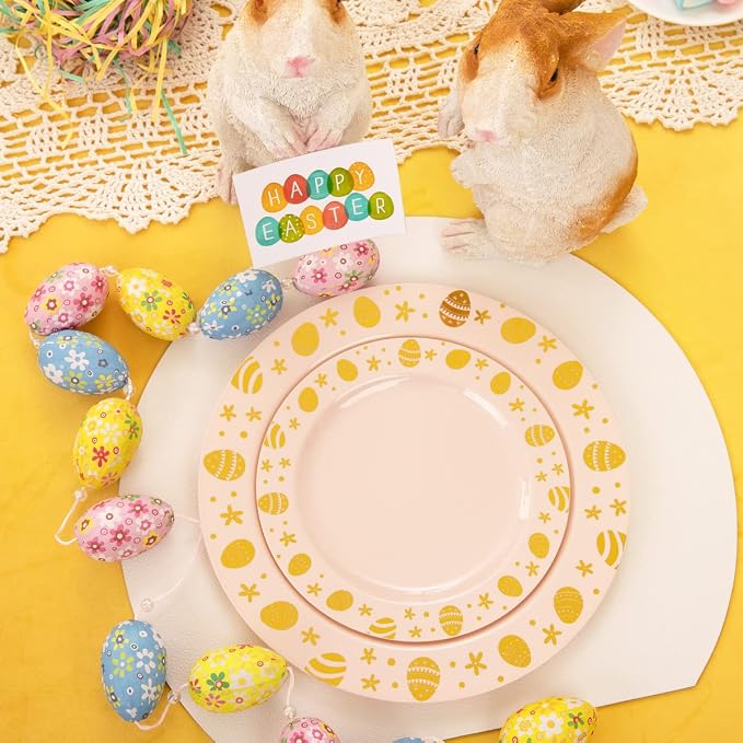 U-QE 25 Guests Plastic Easter Plates and Napkins - Pink and Gold Easter Party Supplies Include 25 Guests Dinner and Dessert Plates, 25Forks, 25Knives, 25Spoons, 25Cups, 25Napkins-Features of Gold Egg