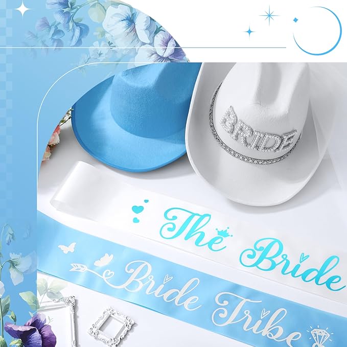 Newcotte 14 Pcs Bride Cowgirl Hat with Veil and Satin Sash Bachelorette Cowboy Hats Set for Wedding Party Bridal Shower Decor