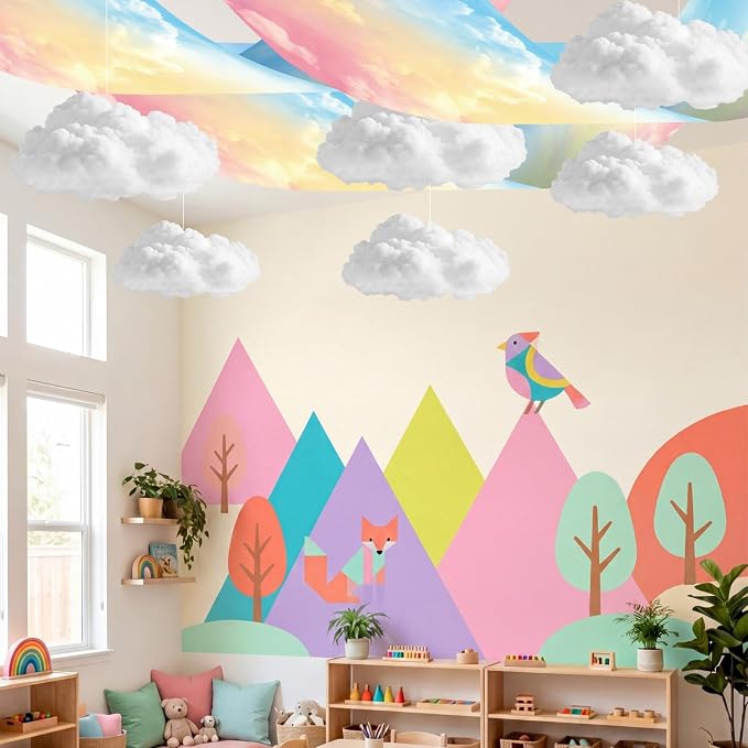 9 Pcs Pastel Sky White Cloud Ceiling Decor Include 12 x 2 ft Fluorescent Light Covers 6 Packs Imitation Artificial 3D Cloud Props DIY Hanging Ornament for Classroom Daycare Nursery Party Decorations