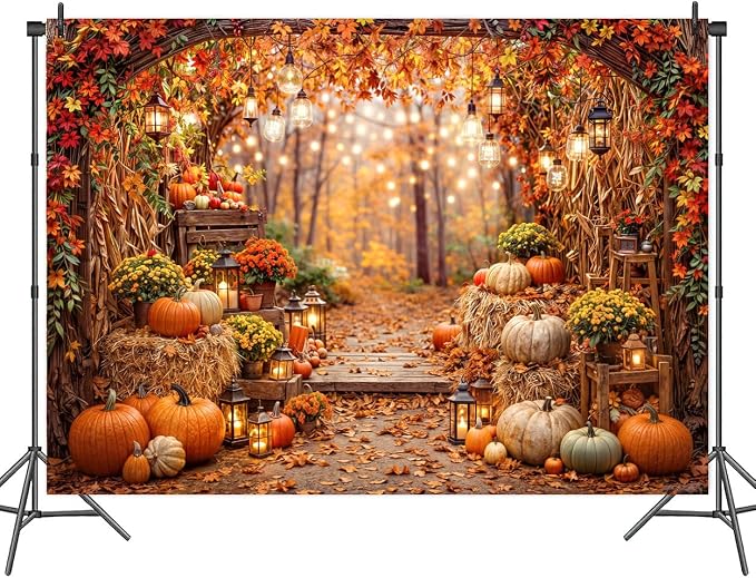 20 x 10 ft Fall Photo Backdrop Autumn Forest Scenery Pumpkins Harvest Maple Leaves Background Fall Sunflowers Thanksgiving Day Friendsgiving Party Decorations Banner Photo Booth Props Supplies