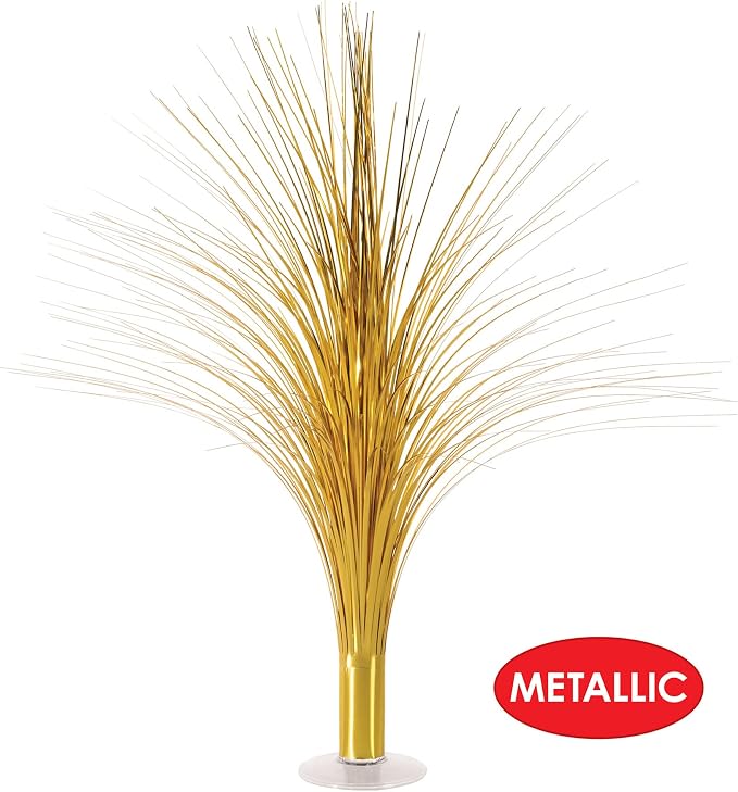 Beistle Metallic Spray Centerpieces - 2-Pack Elegant Gold Table Decorations with Clear Base, Shimmering Foil Sprays for New Year’s Eve, Hollywood Awards Night, Graduation and Celebration Events, 19”