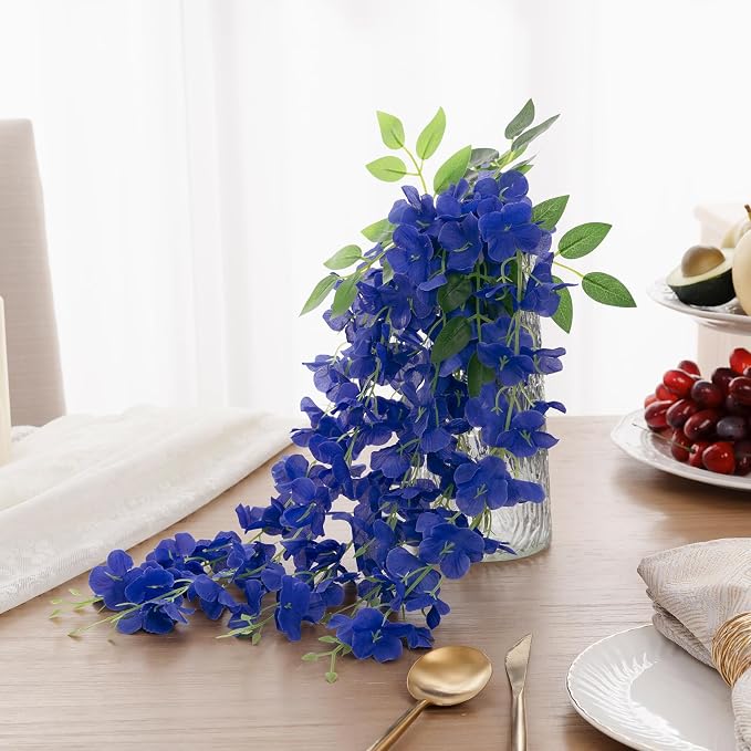 U'Artlines 24 Pack (Total 86.4 Feet) Artificial Fake Wisteria Vine Rattan Hanging Garland Silk Flowers String Home Party Wedding Decor (24, Navy Blue)