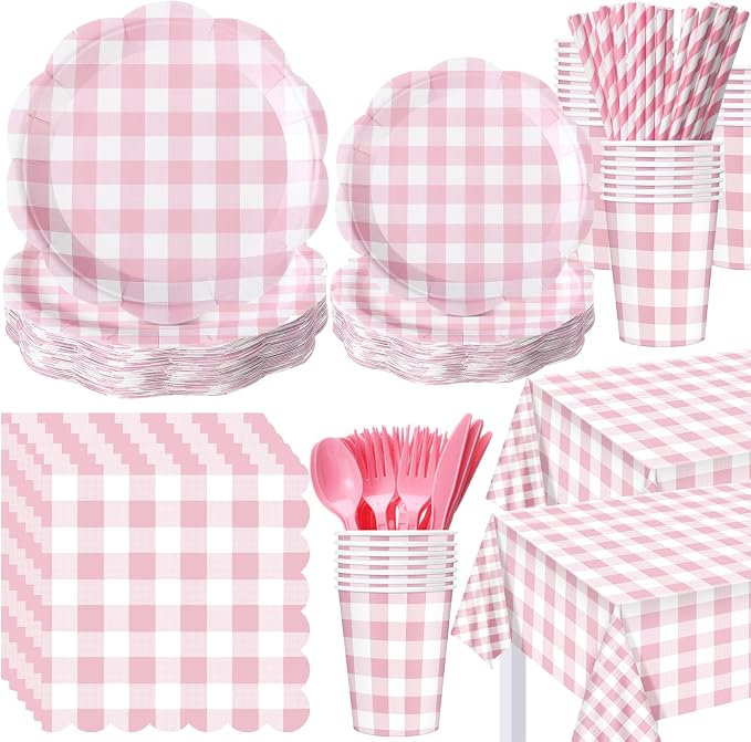 Funnymoom 452 Pcs Pink Gingham Party Supplies for 50 Guests, Pink Gingham Paper Plates Napkins Cup Tablecloth Disposable Tableware for Wedding Bridal & Baby Shower Party BBQ Picnic Birthday Decoration