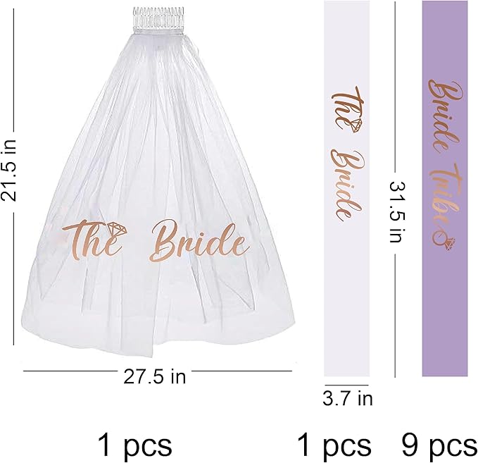 PartyGifts&beyond Bachelorette Party Favors Bride to Be Sash and Veil Set Bachelorette Sashes Bridal Shower Gifts Bride Tribe Sash (Lavender, 11pcs)