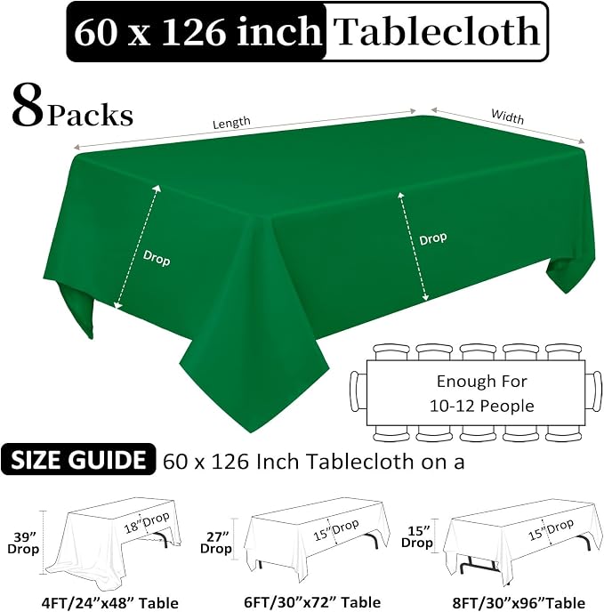 8 Pack Green Table Cloth 60 x 126 Inch Rectangular Tablecloths for 8 Foot Rectangle Tables, Wrinkle Resistant Washable Polyester Fabric for St. Patrick's Day Buffet Wedding Party Banquet