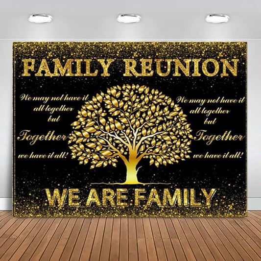 7x5ft Family Reunion Backdrop Vinyl Fabric Black and Gold Tree Leaves Welcome to Our Family Photography Background for Party Decorations Supplies Photo Banner Booth Props