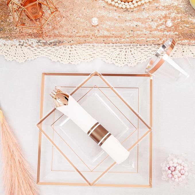 DaYammi 175 PCS Rose Gold Plastic Plates, Rose Gold Plastic Dinnerware Sets Includes: 25 Dinner Plates, 25 Salad Plates, 25 Pre Rolled Napkins with silverware 25 Cups 9 OZ, Perfect for Mother's Day