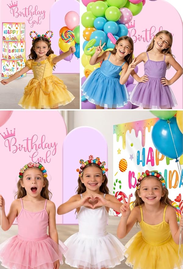 281pcs Candyland Party Decorations, All-in-One Party Pack for 25 Guests, with Balloon Arch, No-DIY Banner, Thick Plates and Napkins, Tablecloths, Easy Setup for Candy Birthday Party