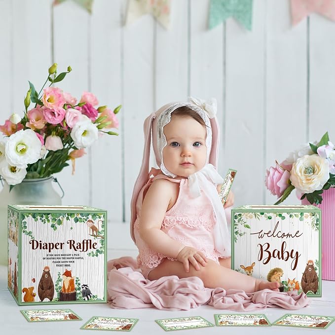 Teling 51 Pieces Diaper Raffle Tickets with Card Box Baby Shower Decorations Baby Shower Holder Box for Girl Boy Diaper Raffle Party(Woodland Animal)