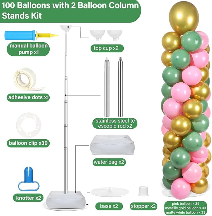 2 Sets Pink Green Gold Balloon Column Stand Kit with 100 Balloons Adjustable Balloon Tower Stand with Bases for Floor Column Kit for Wedding Anniversary Graduation Birthday Appreciation Party Decor